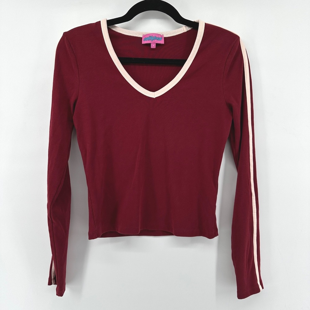 Edikted Burgundy Long Sleeve V-Neck Racing Stripe Ribbed Top Small